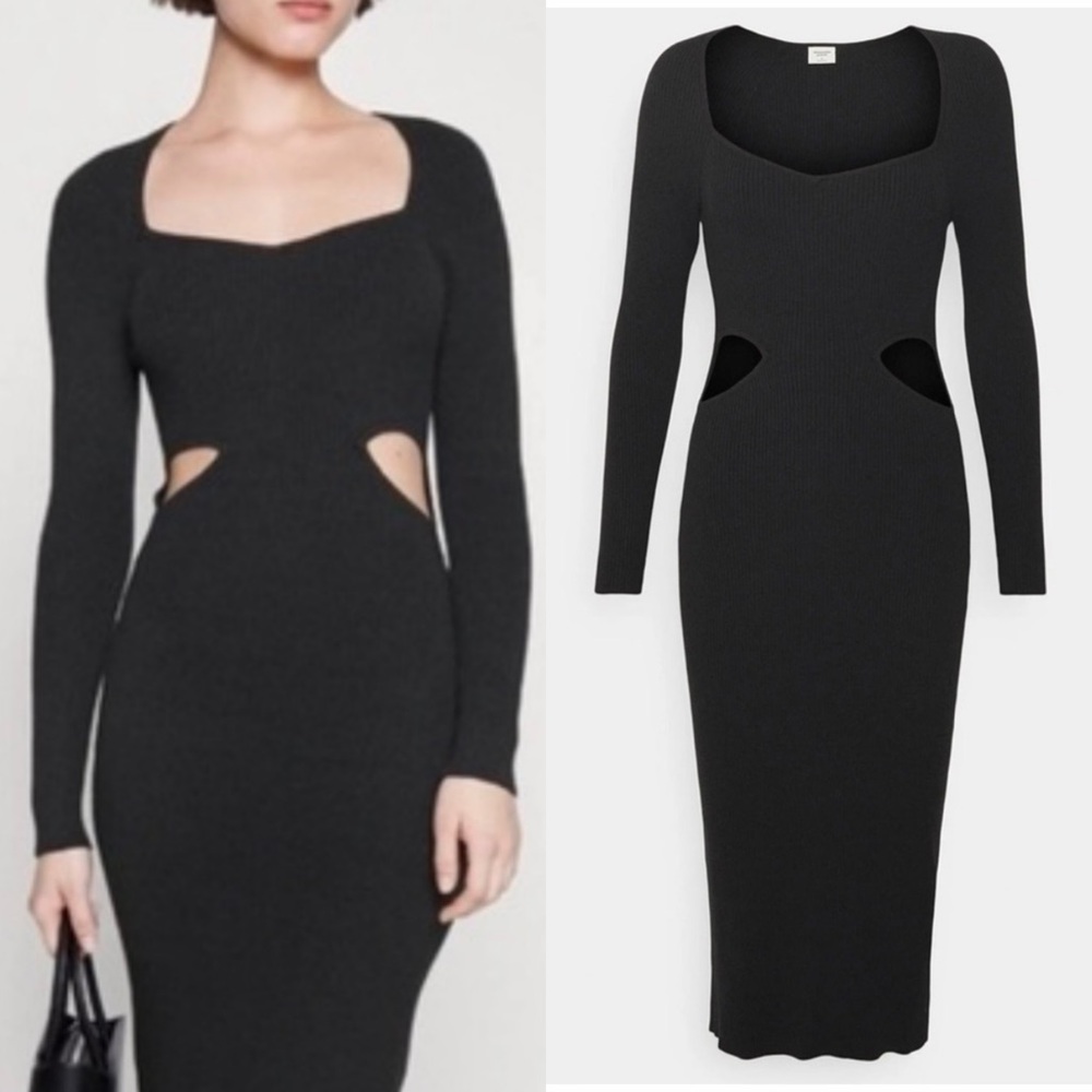 Abercrombie & Fitch Black Rib Sweatheart Neckline Cutout Bodycon Midi Dress XL - Picture 1 of 8